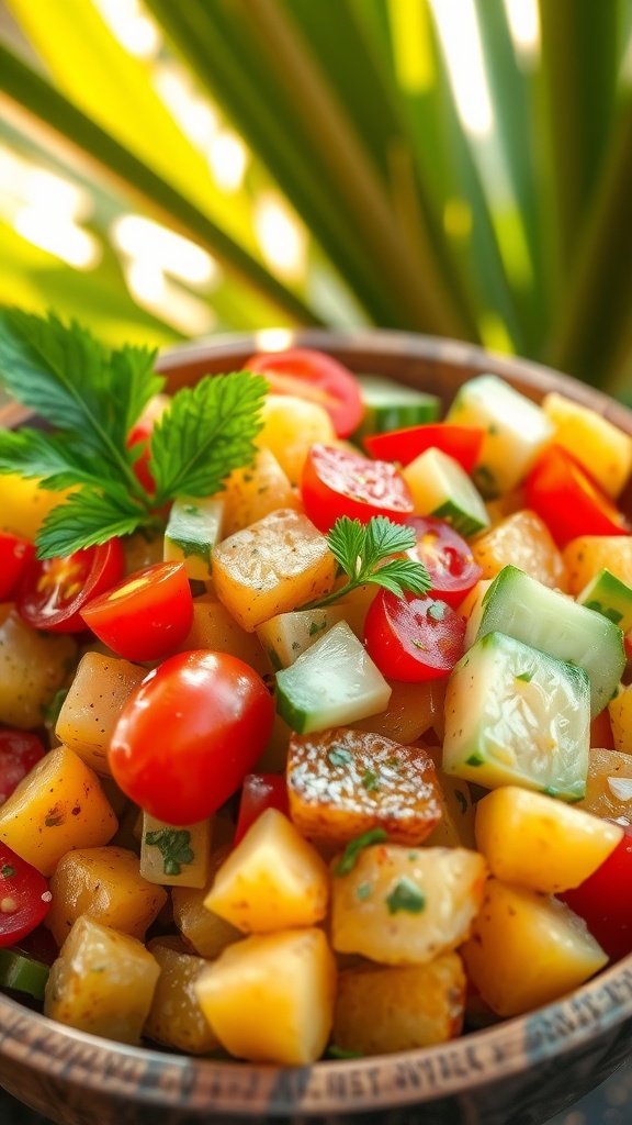 Bali-inspired potato salad with crispy potatoes, tomatoes, cucumber, herbs in a wooden bowl surrounded by tropical foliage.